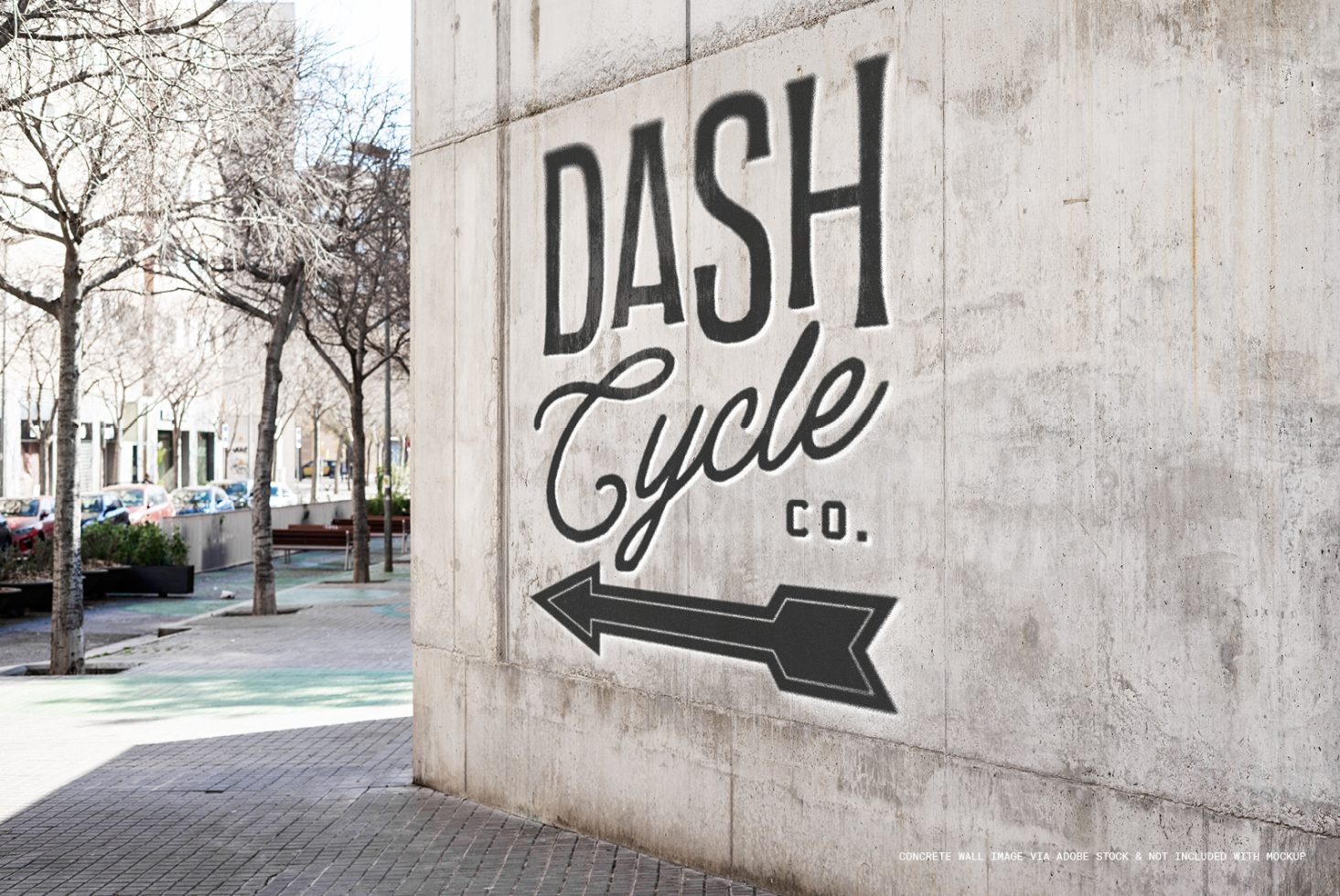 Urban wall mockup showcasing bold typographic logo design for Dash Cycle Co. with direction arrow, perfect for designers, wall graphics, branding.